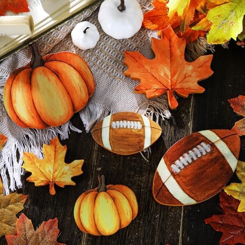 Bencailor 12 Pcs Fall Table Decor Wooden Pumpkins Maple Leaf Fall Football Tiered Tray Decor Thanksgiving Centerpiece Autumn Football Decorations for Home Kitchen Desk Office Party