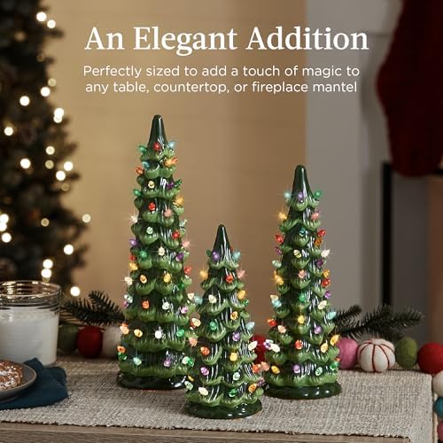 Best Choice Products Set of 3 XL Ceramic Christmas Trees, Pre-Lit Hand-Painted Tabletop Holiday Décor w/Multicolor Bulbs, LED Lights – Green