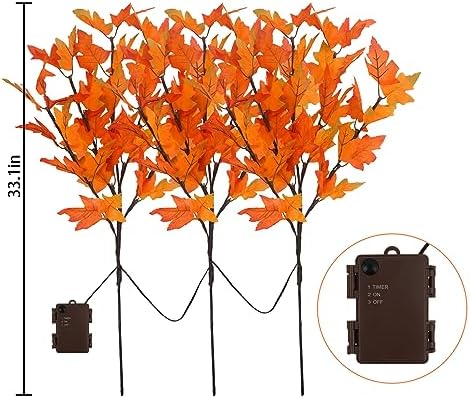 3Pcs 30”Lighted Maple Leaves Branches Stems with Timer Battery Operated 60 LEDs Fall Artificial Maple Branches with Lights for Vases Autumn Home Thanksgiving Halloween Christmas Decoration
