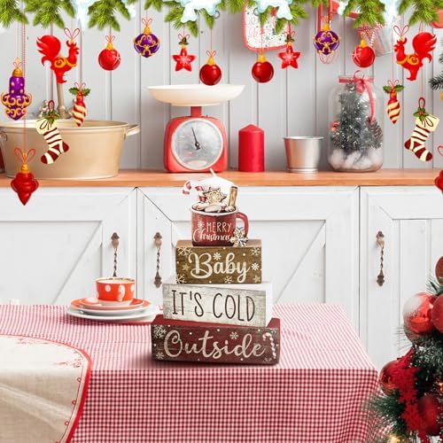 Moucuny 4 Pcs Christmas Table Decorations Indoor, Hot Cocoa Wood Block Sign