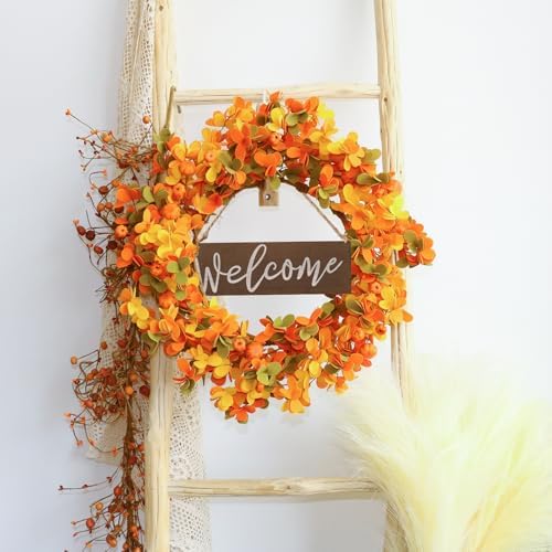 VioletEverGarden Fall Wreaths for Front Door 20 Inch Autumn Wreath Artificial Thanksgiving Wreath with Welcome Wooden Brand and Pumpkins for Indoor & Outdoor Farmhouse Harvest Celebration