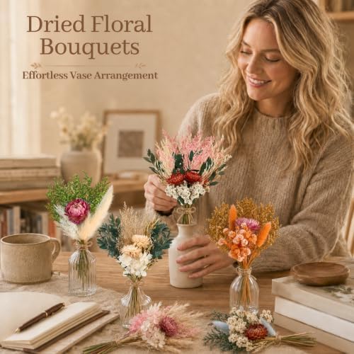 12/24PCS Handmade Dried Flower Bouquet with Stems Natural Dried Wildflowers 7.5” Mini Dry Flowers for Vase Farmhouse Decor, Wedding Styling, Photography Props, Gift DIY(12pcs, Gerbera Daisy)