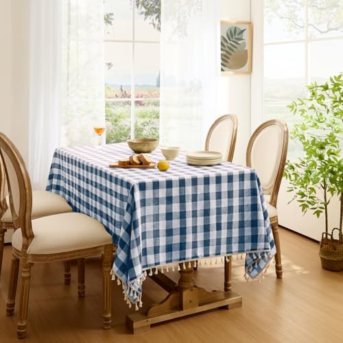 Softalker Gingham Rectangle Tablecloth with Tassel, Navy Blue, 55" x 102"