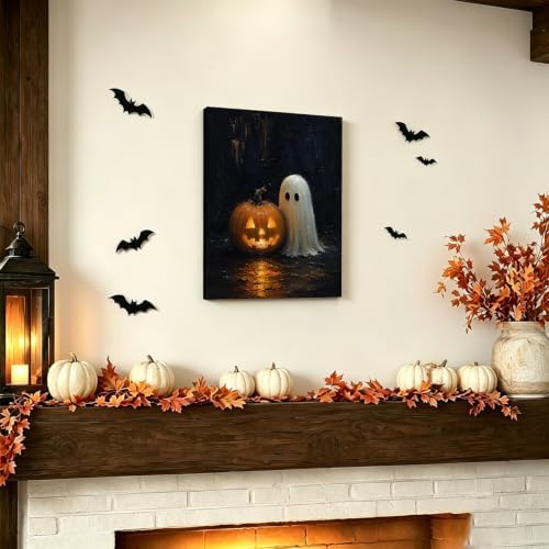 ILLBDR Halloween Ghost with Glowing Pumpkin Canvas Wall Art 12x16 inch
