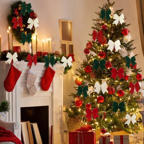 Janinka 12 Pcs 6 Inch Christmas Velvet Bows for Wreath Dark Green Red Beige