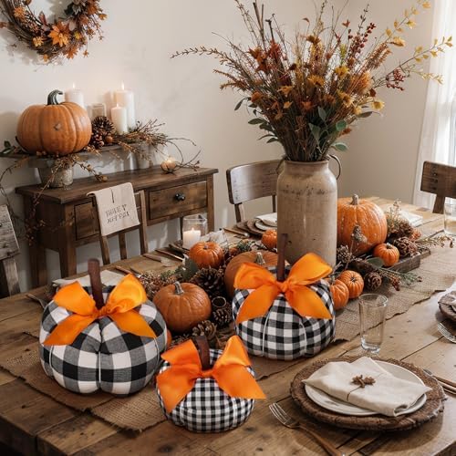 Beeveer 3 Pcs Fall Pumpkins Decor Black and White Farmhouse Decorative