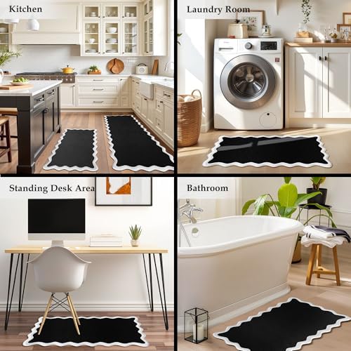 Arenarug Scalloped Kitchen Mats for Floor, Black White Kitchen Rug Set of 2