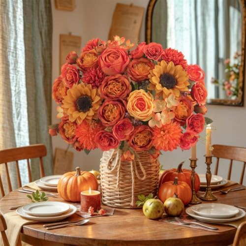 8 Pcs Mixed Autumn Artificial Peony Flower Set-4 Bouquets & 4 Stems, Orange Yellow Fake Peony Sunflower Rose Silk Flower for Fall Table Centerpiece Farm Wedding Thanksgiving Halloween Home Decor