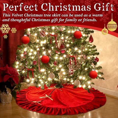 Velvet Christmas Tree Skirt, 48 Inches, Bow Style, Bright Red
