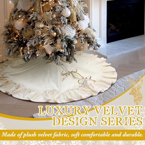 Velvet Christmas Tree Skirt, 48 Inches, Bow Style, Ivory White