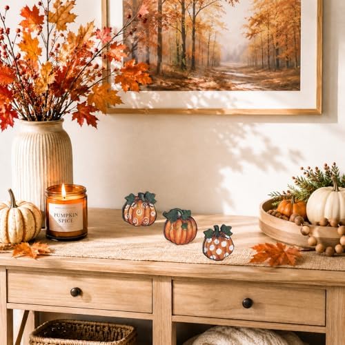 Smile Fall Wooden Tabletop Decor Set 3-Piece Patterned Pumpkin Table Topper Signs for Autumn Harvest Home Decor