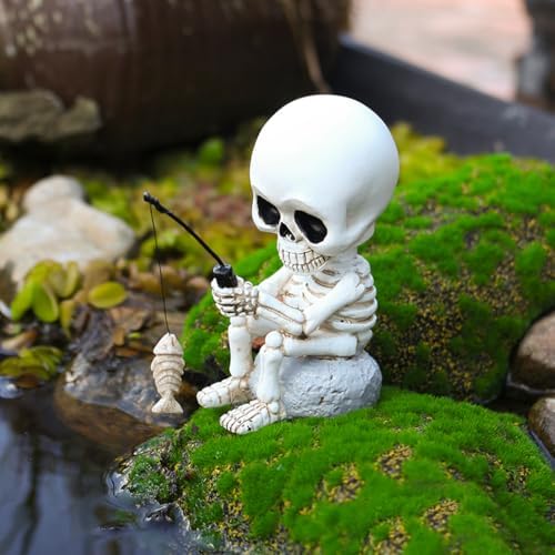 Fishing Skeleton Statue with Rotating Head Funny Halloween Decor, 3.8 Inch Cute Sitting Skull Figurine Resin Sculpture for Outdoor Garden Yard Lawn Pond Pool Ornaments