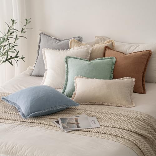 MIULEE Boho Linen Fringe Decorative Throw Pillow Covers Light Blue 18x18