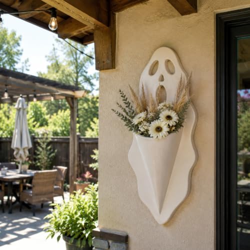 Ghost Wall Planter 13.4" White Scream Face Resin Halloween