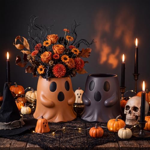 2 Pcs Halloween Terracota and Black Ghost Bucket Decor, 6 Inch