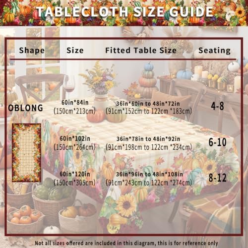 Fall Plaid Tablecloth Rectangle 60 x 120 Inch, Stain Resistant Washable Fabric Autumn Harvest Pumpkin Tablecloths Rectangular Fall Table Cloth Rectangle Table Cover for Kitchen Dining Party