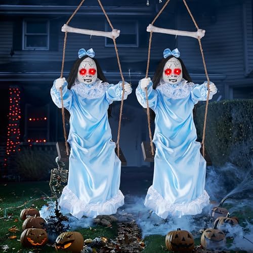 JOYIN 2 Pcs Hanging Ghosts Halloween Decorations Outdoor, 3ft Blue Swinging Creepy Sister Ghost with LED Red Light Eyes Creepy Girl Twins Doll Decor for Indoor Flying Props for Yard Patio Lawn Garden