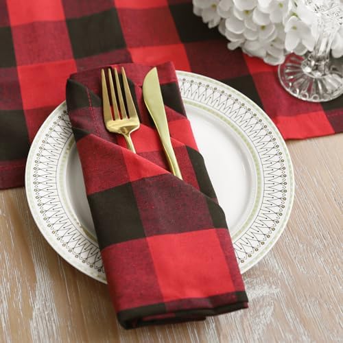 Christmas Cloth Napkins Set of 12, Cotton Buffalo Plaid Dinner Napkins 18 x 18 Inch, Reusable Washable for Holiday Party Wedding Restaurant Everyday Use, Red and Black