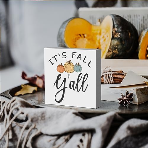 HTBIG Fall Wooden Box Sign Desk Decor, 5.1 X 5.1 Inch Pumpkin Autumn Wood Sign for Tiered Tray Decor for Home Living Room Harvest Day Thanksgiving Tabletop Decor-It's Fall Y'all 2
