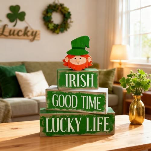 St. Patrick’s Day Decorations - St Patrick Day Irish Good Time Tiered Tray Decor Set - Wooden Leprechaun Tabletop Decoration - Rustic Farmhouse Holiday Home Decor for Indoor Shelf Mantel Coffee Table Gift