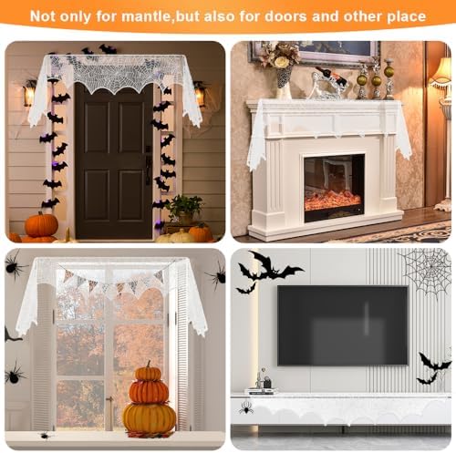 Halloween Mantel Scarf,White Lace Spiderweb Fireplace Mantel Scarf,Halloween Mantel Decor for Cloth Table Runner,Halloween Decorations Indoor Festive Party Supplies Door Window Curtains,96 x 18 Inch