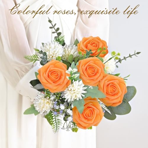 BLEUM CADE 16Pcs Artificial Flowers Fake Foam Roses with Stems for Wedding