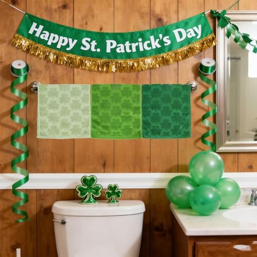 Whaline 3 Pcs St. Patrick's Day Hand Towel 3D Jacquard Cotton Towel Absorbent Green Shamrock Clover Dish Towels for Irish Holiday Kitchen Bathroom, 13.8 x 29.5 Inch