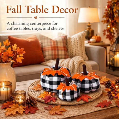 Beeveer 3 Pcs Fall Pumpkins Decor Black White Pumpkins with Orange Leaves