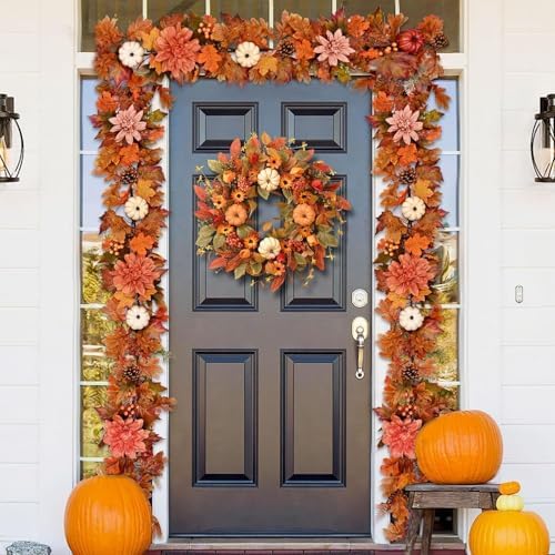 9Ft Fall Garland for Mantle, Fall Garland with Lights, Fall Leaves Garlands