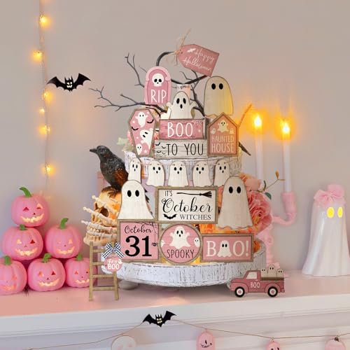 MiniInflat Halloween Tiered Tray Decorations Set, Wood, Ghost, Pink White