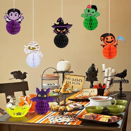 Konsait Halloween Hanging Decorations - 6 Pack 3D Honeycomb Hanging Bat Cat Zombie Vampire Decor for Indoor Outdoor Party Supplies & Accessories