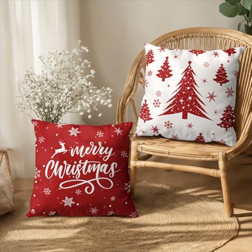 Red Christmas Throw Pillow Covers 16x16 Set of 2 Winter Xmas Tree Snowflake Outdoor Pillow Cases Merry Christmas Decorative Holiday Farmhouse Cushion Cover for Home Couch Sofa