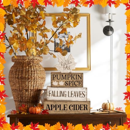 Moucuny 4 Pcs Neutral Fall Table Decor for Home Maple Leaf Wooden Blocks
