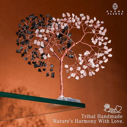 Handmade Healing Crystal Tree of Life Black Obsidian & Rose Quartz Chakra Tree for Money, Good Luck, Feng Shui Home