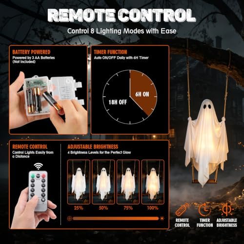 Halloween Hanging Ghost Decorations, 5FT Swinging Ghost with Remote Lights