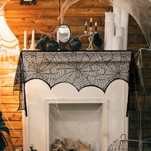 Halloween Fireplace Scarf, Black Lace Spiderweb Fireplace Mantle, Cobweb Fireplace Scarf for Halloween Party Door Window Decoration 18 x 96 inch