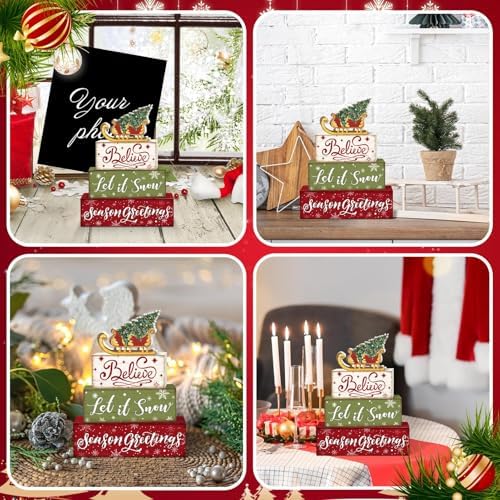 Britimes Tiered Tray Decor Set, 4 Pack, Wooden Table Sign, Sleigh Tree