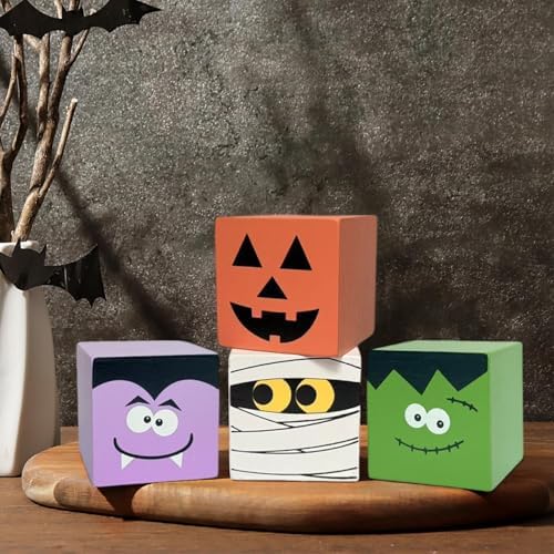 Halloween Wooden Table Sign - 4 Pcs Mummy Wooden Blocks Pumpkin Centerpieces for Table - Halloween Tiered Tray Decor for Home Decorations Indoor