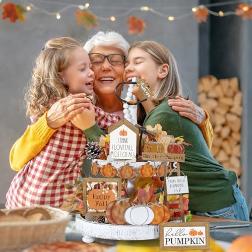 Reallnaive 18 Pcs Fall Thanksgiving Tiered Tray Decor Set Pumpkin Wood Sign Hello Fall Rustic Farmhouse Tray Decoration Tabletop Sign for Autumn Home Kitchen Festival(Classic Pumpkin)