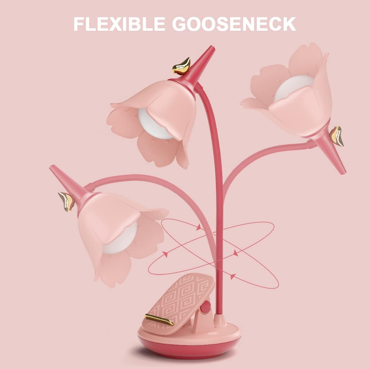 Pink Desk Lamp with Clamp, Rechargeable LED Small Lamp, Adjustable Gooseneck, Dimmable Cute for Kids Girls Bedroom Dorm
