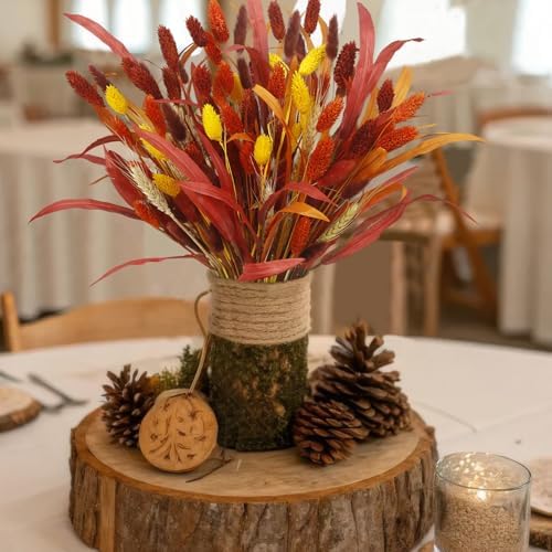 94 Pcs Artificial Fall Flowers Autumn Dried Flowers for Decoration Dried Bunny Tails Fall Bouquet Straw Leaves Wheat Floral Arrangement for Thanksgiving Table Centerpieces Halloween Decor