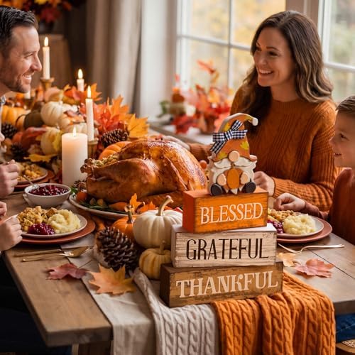 Lineshading 4 Pcs Fall Gnome Block Signs Thanksgiving Tiered Tray Decor