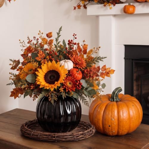 FoldTier Black Pumpkin Fall Flower Vase 5.5" Ceramic Pumpkin Flower Pot