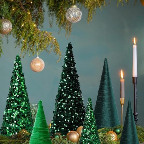 6 Pcs 12" 10" 6" Christmas Green Velet Cone Tree Decoration Christmas Glitter Table Tree Farmhouse Tree Tiered Tray Ornament Xmas Tree for Home Holiday Entryway Tabletop Tree Centerpiece Decor