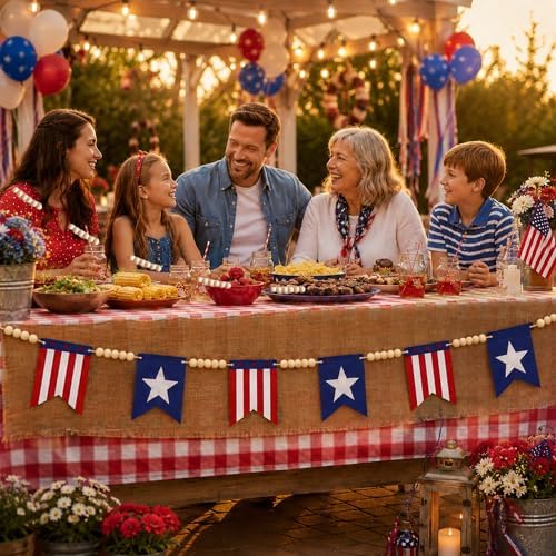 Felt Red White Blue Wood Bead Garland Banner for Mantel Fireplace