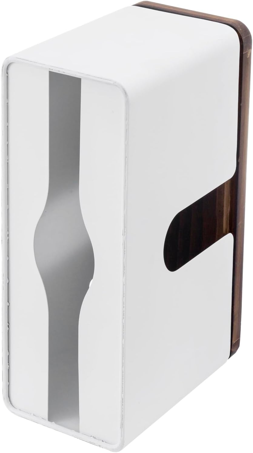 MyGift Deluxe Modern Matte White Metal Folded Commercial Paper Towel Holder with Rustic Burnt Solid Wood Tray Lid, Wall