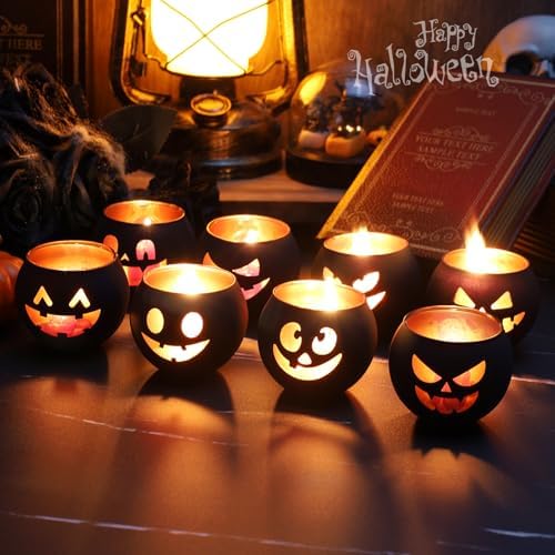 8 Pack Halloween Votive Candle Holders,Black Glass Tealight Holders