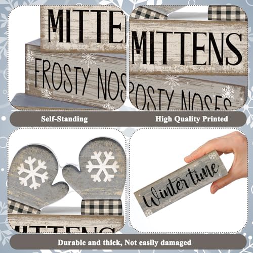 Lineshading 4 Pcs Winter Table Decorations Wooden Mittens Decor Winter Tiered Tray Decor Rustic Snowflake Mittens Block