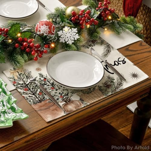 Artoid Mode Xmas Trees Holly Pine Cone Merry Christmas Placemats Set of 8, 12x18 Inch Seasonal Winter Holiday Table Mats for Party Kitchen Dining Decoration