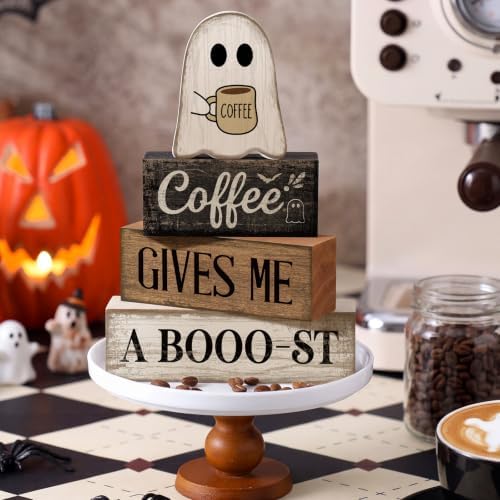 Lineshading 4 Pcs Halloween Tiered Tray Decor, Wooden Ghost Coffee Blocks